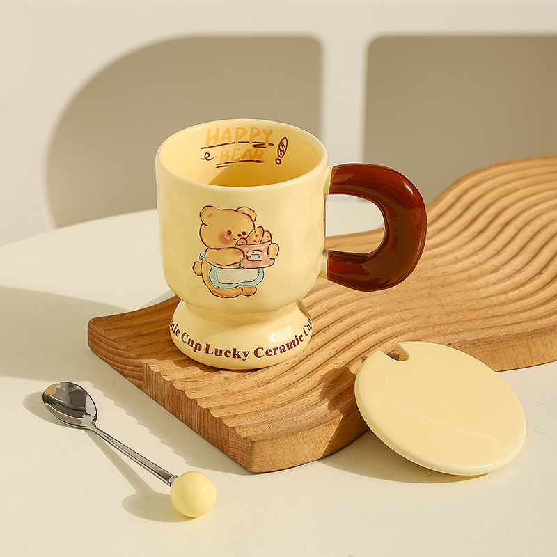 Cană de cafea ceramică cu capac și lingură, ursuleț desen animat