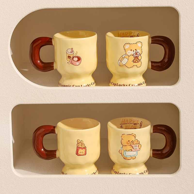 Cană de cafea ceramică cu capac și lingură, ursuleț desen animat