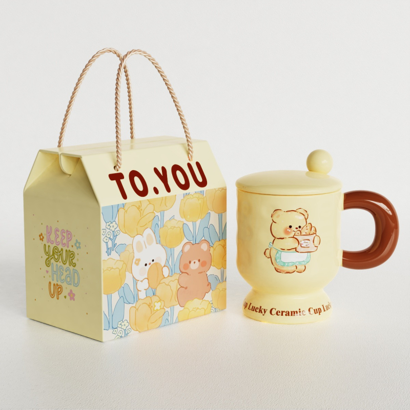 Cană de cafea ceramică cu capac și lingură, ursuleț desen animat