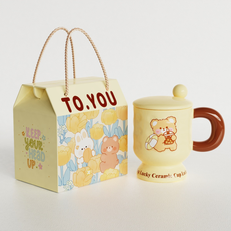 Cană de cafea ceramică cu capac și lingură, ursuleț desen animat