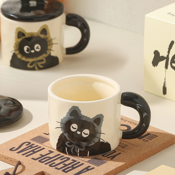 Ceașcă ceramică cu capac în formă de pisică, pentru birou, cadou pentru cupluri, în cutie cadou, zi de naștere