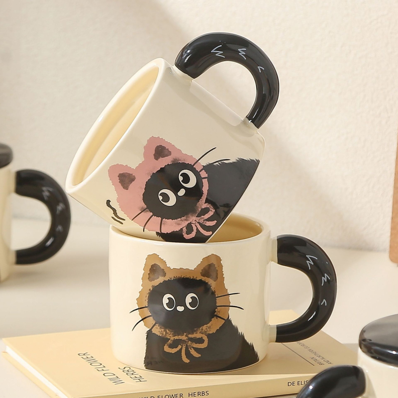 Ceașcă ceramică cu capac în formă de pisică, pentru birou, cadou pentru cupluri, în cutie cadou, zi de naștere