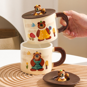 Cană ceramică cu capac, ursuleț drăguț în stil desen animat, pentru casă și birou, set cadou în cutie