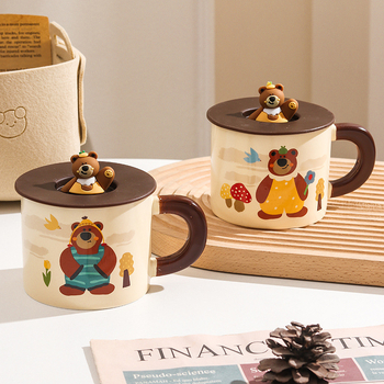 Cană ceramică cu capac, ursuleț drăguț în stil desen animat, pentru casă și birou, set cadou în cutie