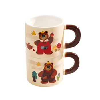 Cană ceramică cu capac, ursuleț drăguț în stil desen animat, pentru casă și birou, set cadou în cutie