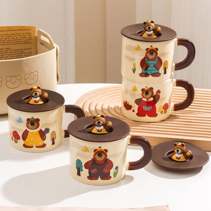 Cană ceramică cu capac, ursuleț drăguț în stil desen animat, pentru casă și birou, set cadou în cutie