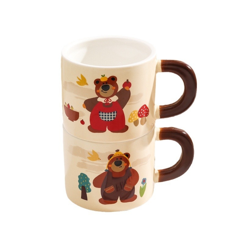 Cană ceramică cu capac, ursuleț drăguț în stil desen animat, pentru casă și birou, set cadou în cutie