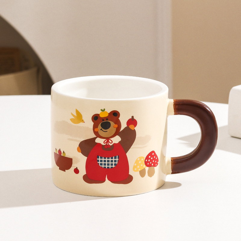 Cană ceramică cu capac, ursuleț drăguț în stil desen animat, pentru casă și birou, set cadou în cutie