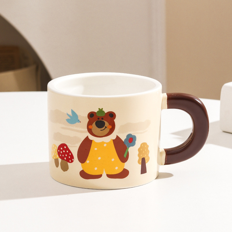 Cană ceramică cu capac, ursuleț drăguț în stil desen animat, pentru casă și birou, set cadou în cutie