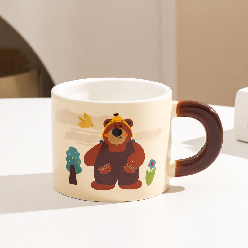 Cană ceramică cu capac, ursuleț drăguț în stil desen animat, pentru casă și birou, set cadou în cutie