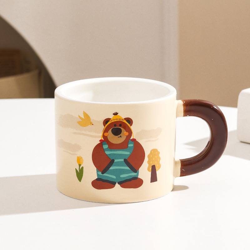 Cană ceramică cu capac, ursuleț drăguț în stil desen animat, pentru casă și birou, set cadou în cutie