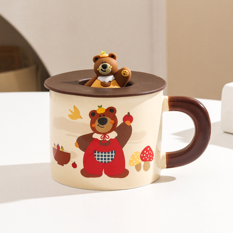 Cană ceramică cu capac, ursuleț drăguț în stil desen animat, pentru casă și birou, set cadou în cutie