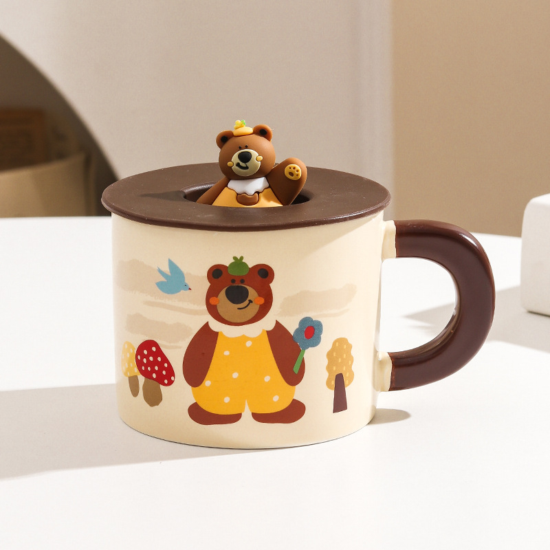 Cană ceramică cu capac, ursuleț drăguț în stil desen animat, pentru casă și birou, set cadou în cutie