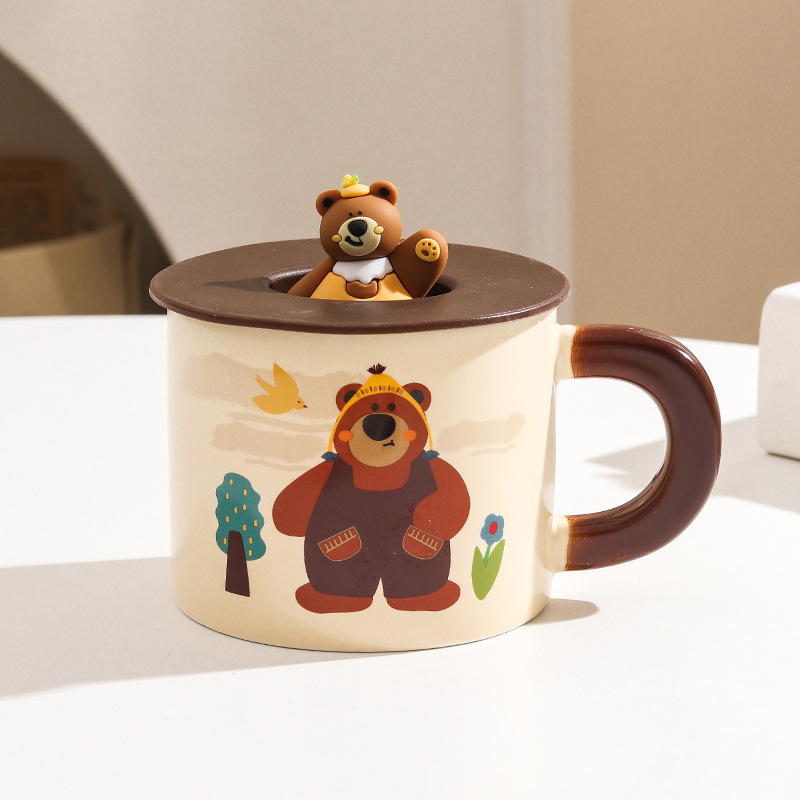 Cană ceramică cu capac, ursuleț drăguț în stil desen animat, pentru casă și birou, set cadou în cutie