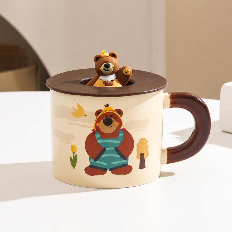 Cană ceramică cu capac, ursuleț drăguț în stil desen animat, pentru casă și birou, set cadou în cutie