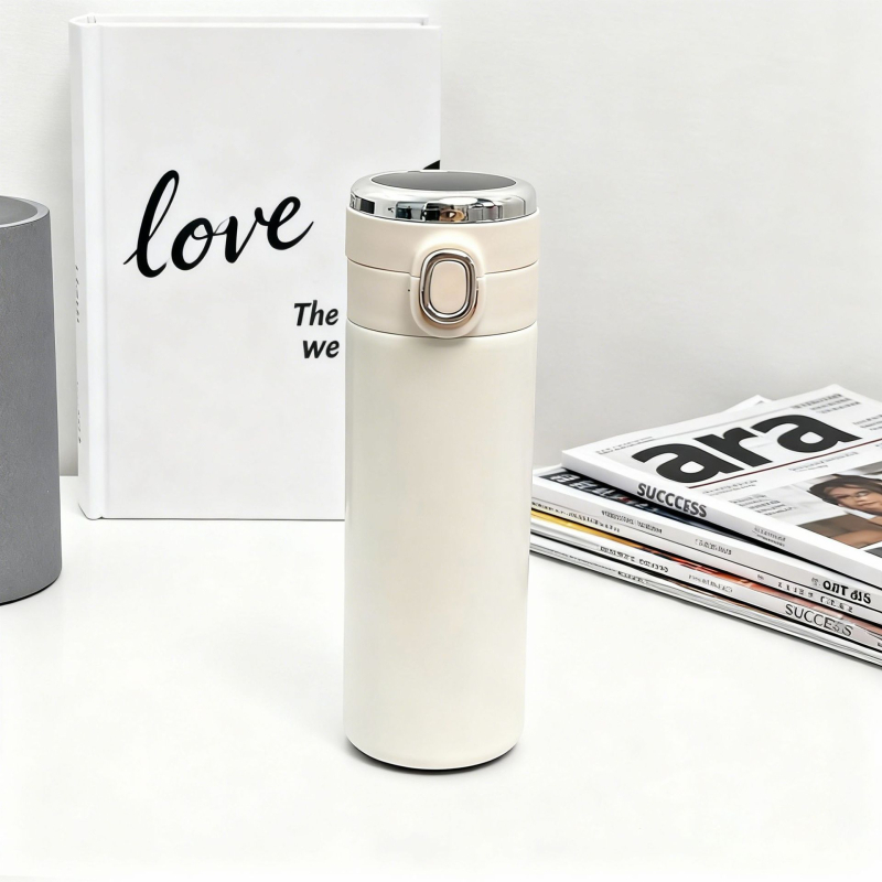 Cană termoizolantă din oțel inoxidabil cu afișajul temperaturii și capac cu deschidere prin apăsare, design modern minimalist, logo personalizat