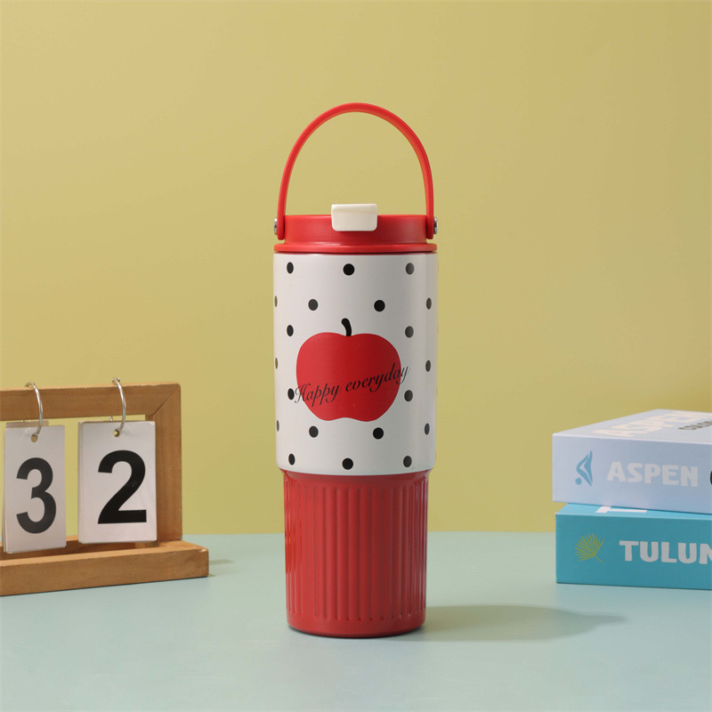 Cană termică portabilă cu model în carouri, 30oz, cu pai, capacitate mare, oțel inoxidabil 304
