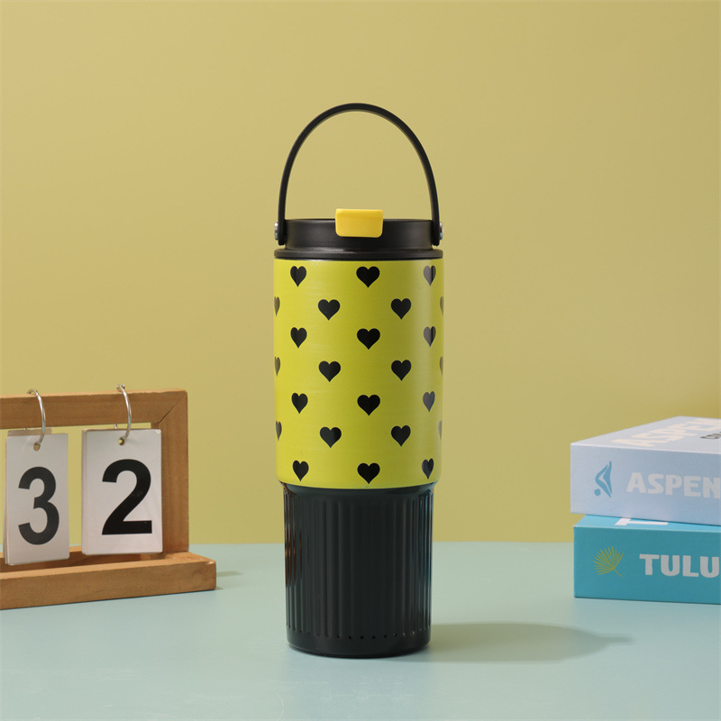 Cană termică portabilă cu model în carouri, 30oz, cu pai, capacitate mare, oțel inoxidabil 304