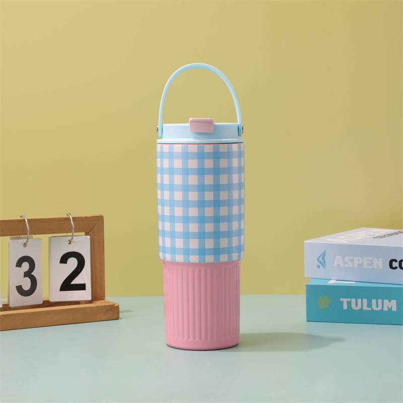 Cană termică portabilă cu model în carouri, 30oz, cu pai, capacitate mare, oțel inoxidabil 304