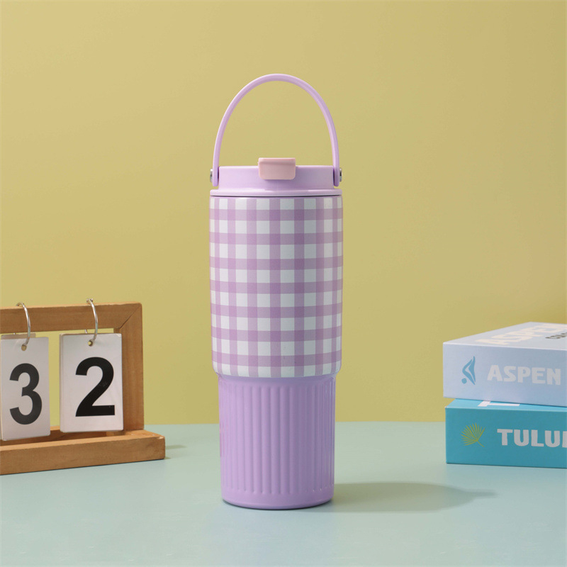 Cană termică portabilă cu model în carouri, 30oz, cu pai, capacitate mare, oțel inoxidabil 304