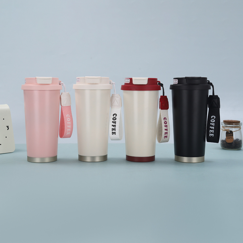 Cană de cafea Lily-Of-The-Valley, cu curea de purtare și pai, izolație în vid, din oțel inoxidabil 316