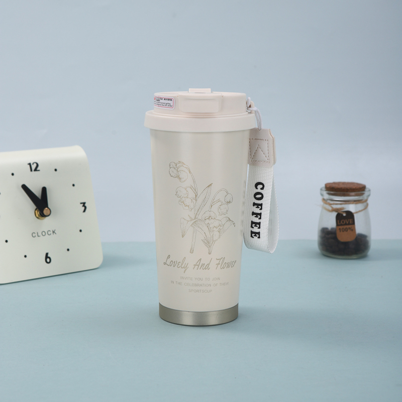 Cană de cafea Lily-Of-The-Valley, cu curea de purtare și pai, izolație în vid, din oțel inoxidabil 316
