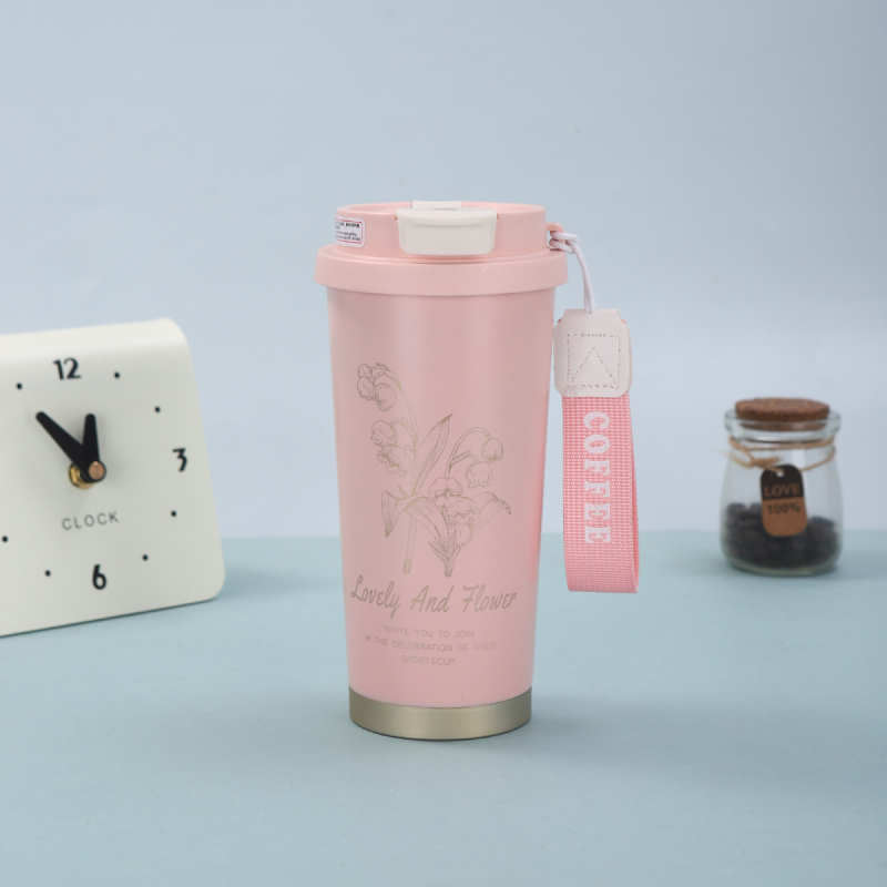 Cană de cafea Lily-Of-The-Valley, cu curea de purtare și pai, izolație în vid, din oțel inoxidabil 316