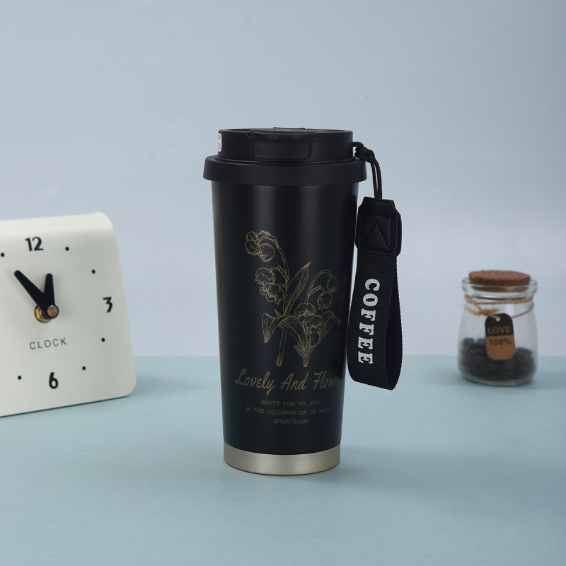 Cană de cafea Lily-Of-The-Valley, cu curea de purtare și pai, izolație în vid, din oțel inoxidabil 316
