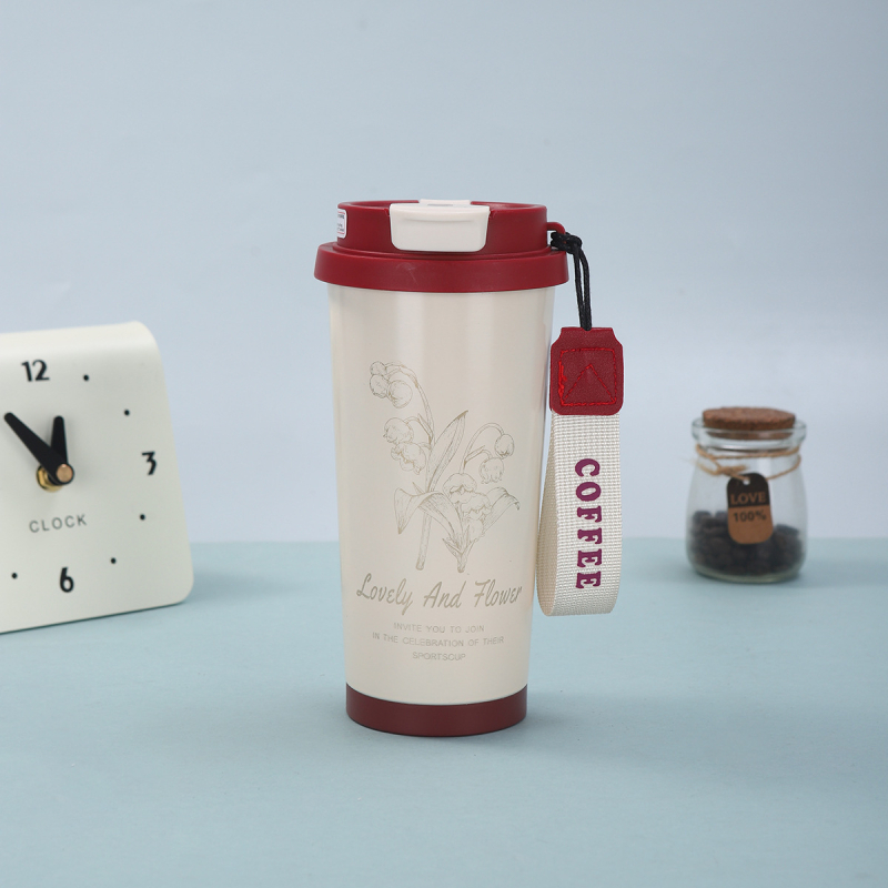 Cană de cafea Lily-Of-The-Valley, cu curea de purtare și pai, izolație în vid, din oțel inoxidabil 316