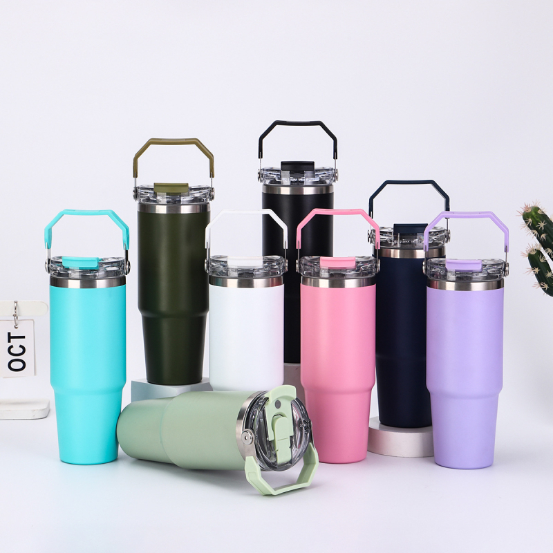 Cană auto din oțel inoxidabil, 30 oz, cu mâner, capac dublu, izolație vid, interior 304, exterior 201, personalizabil