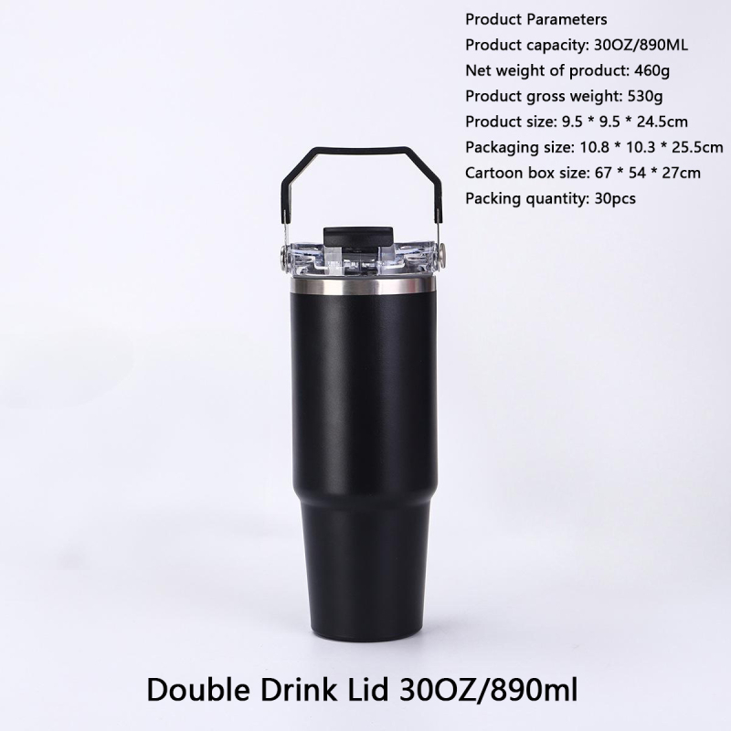 Cană auto din oțel inoxidabil, 30 oz, cu mâner, capac dublu, izolație vid, interior 304, exterior 201, personalizabil