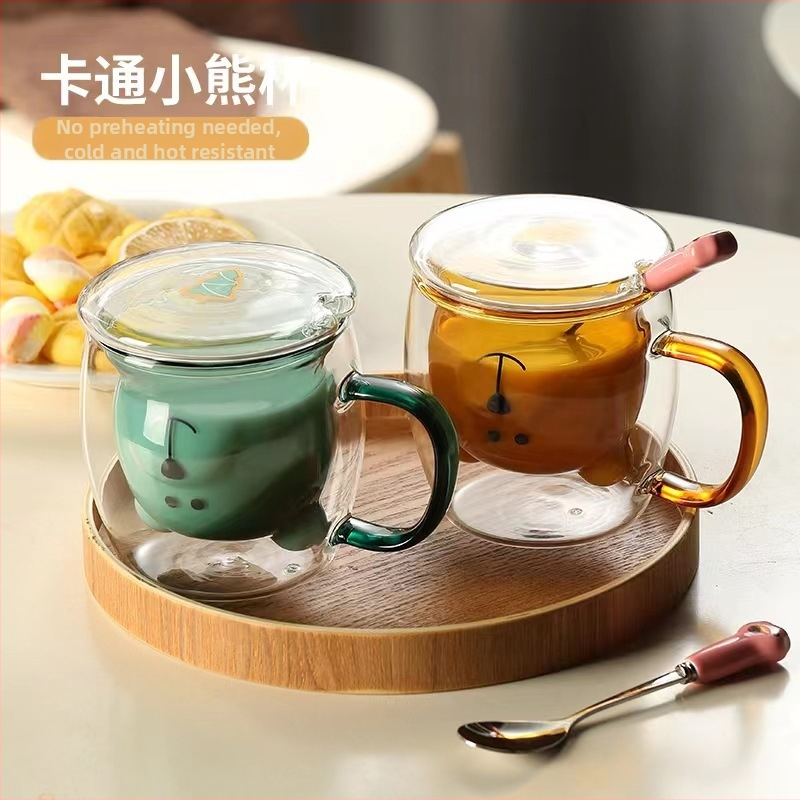 Pahar Bear din sticlă borosilicată cu mâner, pereți dubli, design desen animat, cu pai