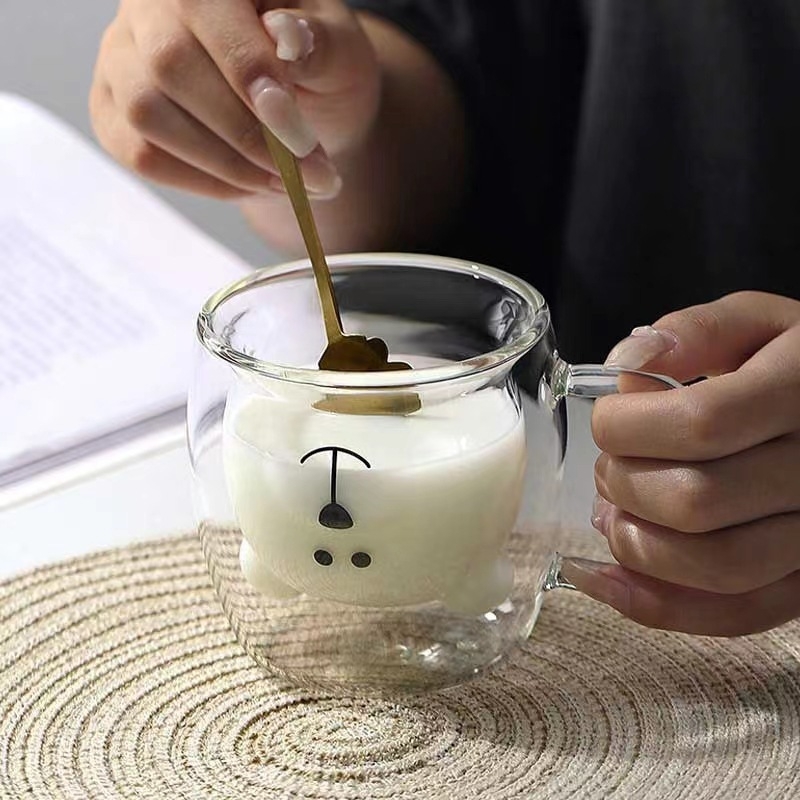 Pahar Bear din sticlă borosilicată cu mâner, pereți dubli, design desen animat, cu pai