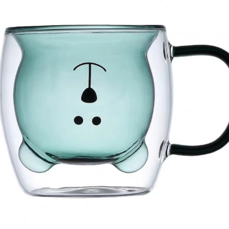 Pahar Bear din sticlă borosilicată cu mâner, pereți dubli, design desen animat, cu pai