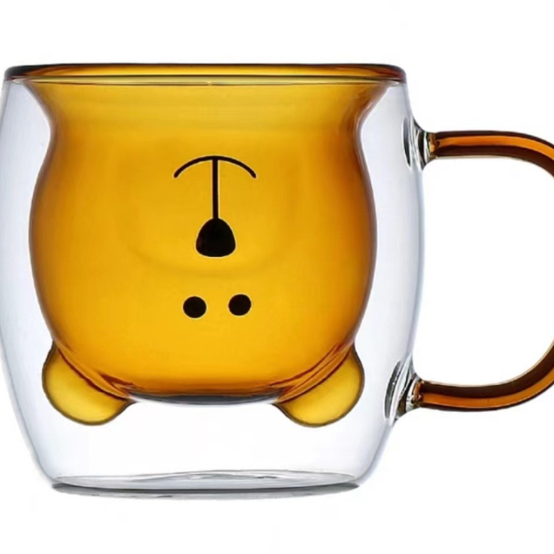 Pahar Bear din sticlă borosilicată cu mâner, pereți dubli, design desen animat, cu pai