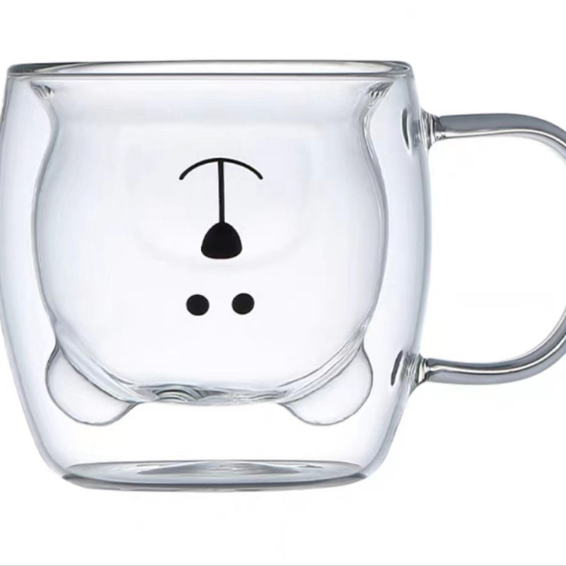 Pahar Bear din sticlă borosilicată cu mâner, pereți dubli, design desen animat, cu pai