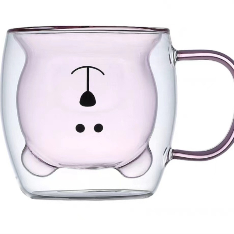 Pahar Bear din sticlă borosilicată cu mâner, pereți dubli, design desen animat, cu pai