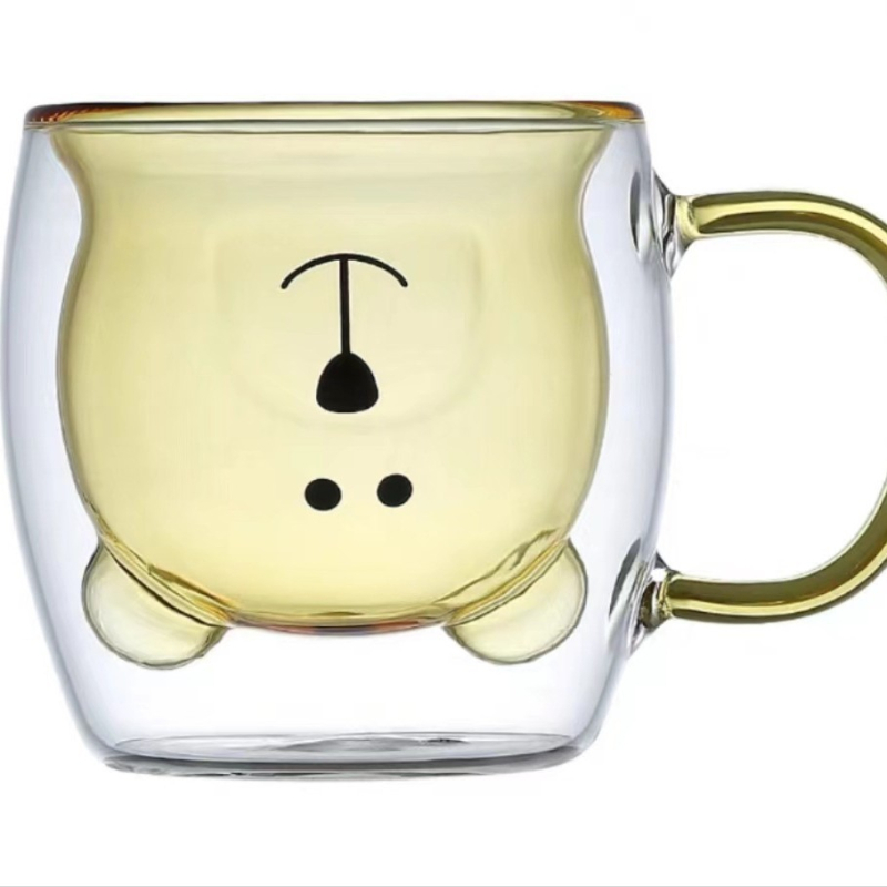Pahar Bear din sticlă borosilicată cu mâner, pereți dubli, design desen animat, cu pai