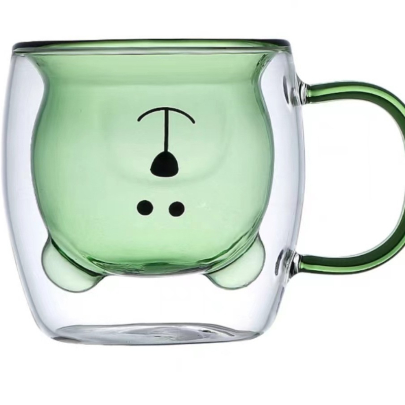 Pahar Bear din sticlă borosilicată cu mâner, pereți dubli, design desen animat, cu pai
