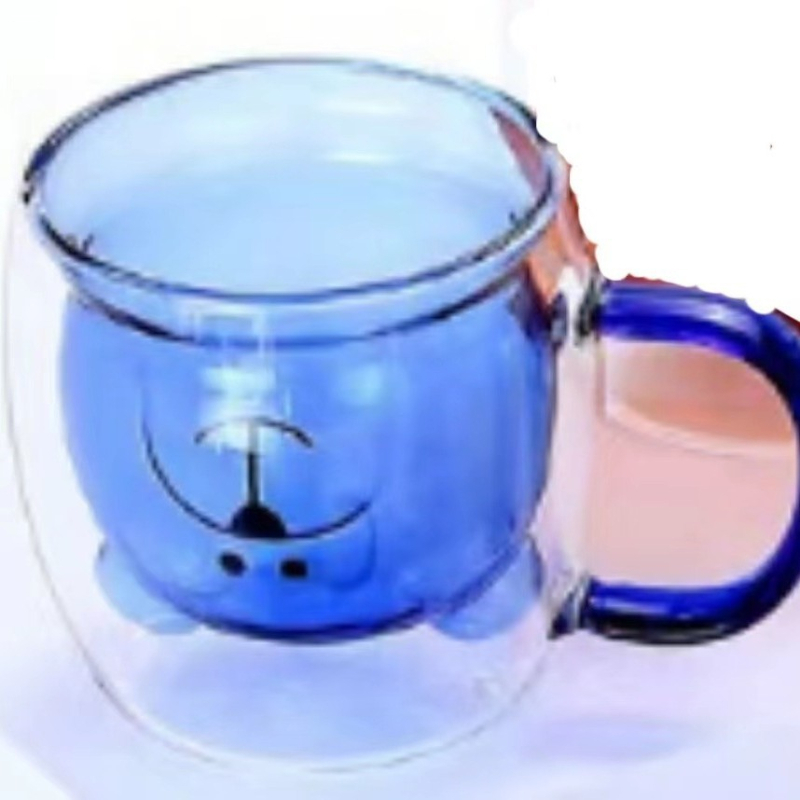 Pahar Bear din sticlă borosilicată cu mâner, pereți dubli, design desen animat, cu pai