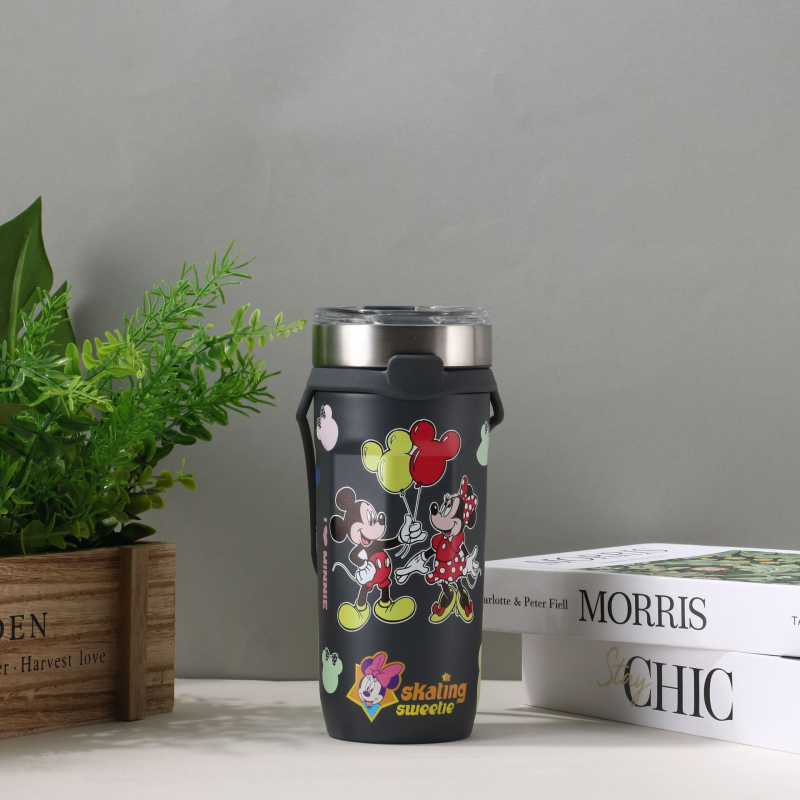 Ceașcă drăguță de cafea cu desene animate, din oțel inoxidabil 304, interior 304, exterior 201, termos izolat cu pai, capacitate mare, pentru mașină