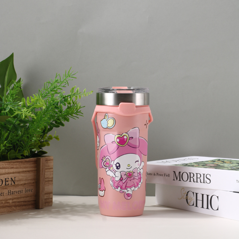 Ceașcă drăguță de cafea cu desene animate, din oțel inoxidabil 304, interior 304, exterior 201, termos izolat cu pai, capacitate mare, pentru mașină