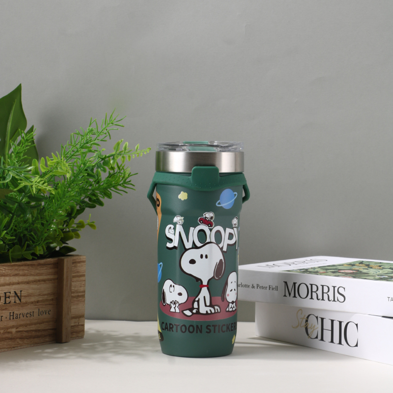 Ceașcă drăguță de cafea cu desene animate, din oțel inoxidabil 304, interior 304, exterior 201, termos izolat cu pai, capacitate mare, pentru mașină