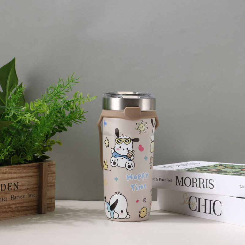Ceașcă drăguță de cafea cu desene animate, din oțel inoxidabil 304, interior 304, exterior 201, termos izolat cu pai, capacitate mare, pentru mașină