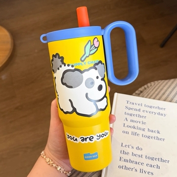 Termos din oțel inoxidabil 316, izolare termică, capacitate 25 oz, cu pai, mâner și compartiment pentru ceai