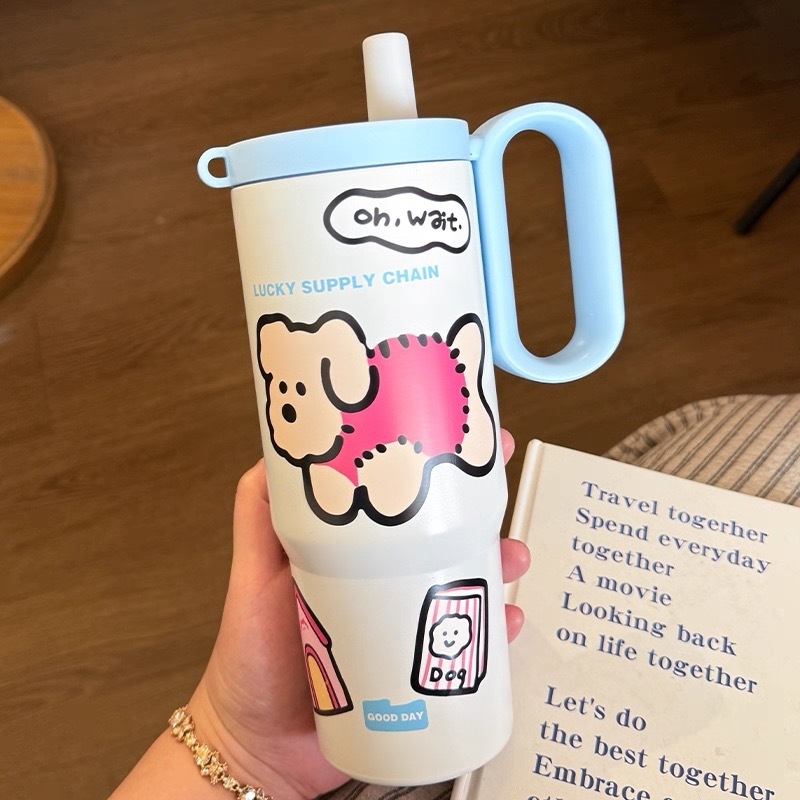 Termos din oțel inoxidabil 316, izolare termică, capacitate 25 oz, cu pai, mâner și compartiment pentru ceai