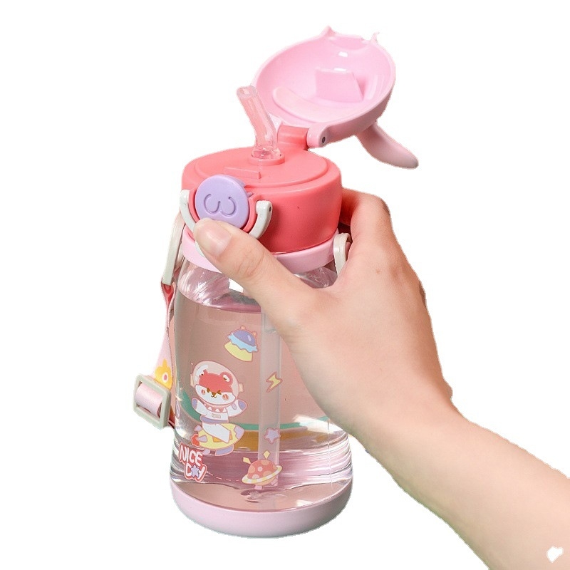 Sticlă de apă pentru copii cu pai și bretea – recipient din plastic drăguț pentru vară
