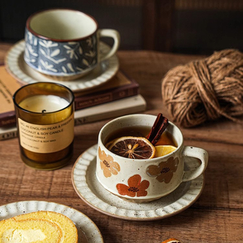 Set cafea din ceramică vintage cu farfurie — lux discret, design premium
