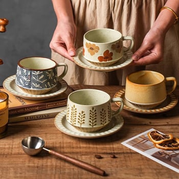 Set cafea din ceramică vintage cu farfurie — lux discret, design premium