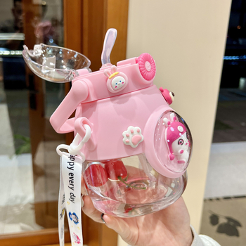 Pahar de apă pentru copii pentru școală – vas plastic drăguț cu pai, design cu corp lat, pentru fete din învățământul primar